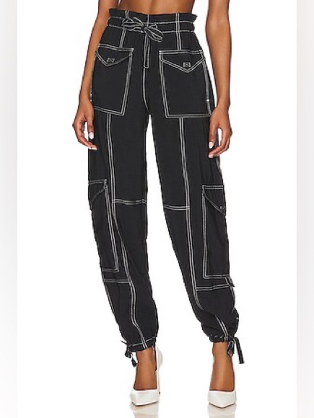 GANNI Black Slub Contrast Stitch High-Waist Cargo Pants Size EU 34 / US 2